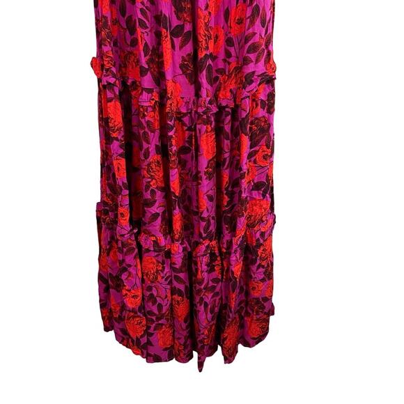 Abel The Label Maxi Dress Womens Medium Pink Red Floral Tiered Boho Off Shoulder - Picture 3 of 12